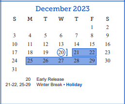 District School Academic Calendar for Bonham Elementary School for December 2023