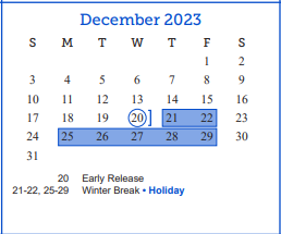 District School Academic Calendar for Fannin Elementary School for December 2023