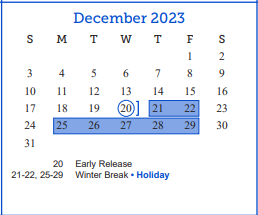 District School Academic Calendar for Lee Middle School for December 2023