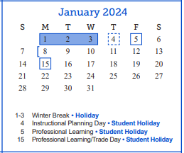 District School Academic Calendar for Central High School for January 2024