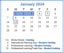 District School Academic Calendar for Day Head Start for January 2024