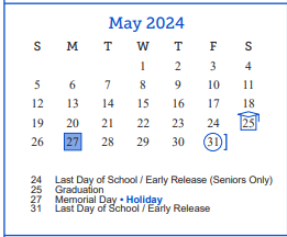District School Academic Calendar for Lee Middle School for May 2024