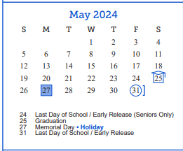 District School Academic Calendar for Central Freshman Campus for May 2024