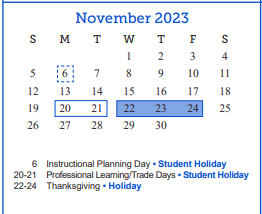 District School Academic Calendar for Glenmore Elementary School for November 2023