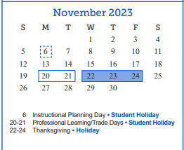 District School Academic Calendar for Blackshear Head Start for November 2023