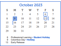 District School Academic Calendar for Bradford Elementary School for October 2023