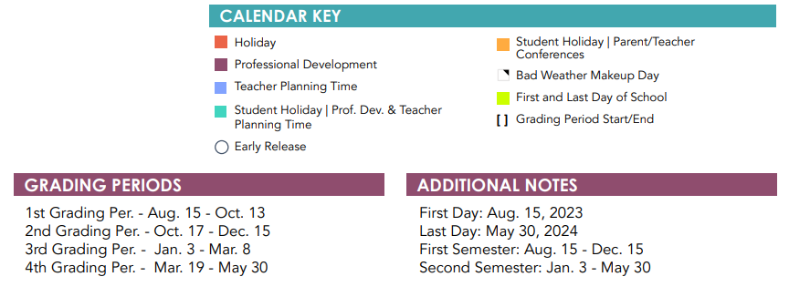 District School Academic Calendar Key for Horace Mann Academy