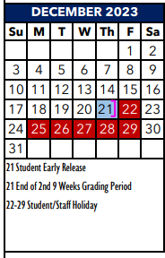 District School Academic Calendar for Schertz Elementary School for December 2023