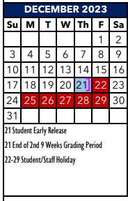 District School Academic Calendar for Cibolo Valley Elementary School
 for December 2023