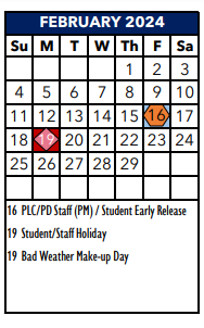 District School Academic Calendar for Norma J Paschal Elementary School for February 2024