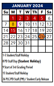 District School Academic Calendar for Jjaep Instructional for January 2024