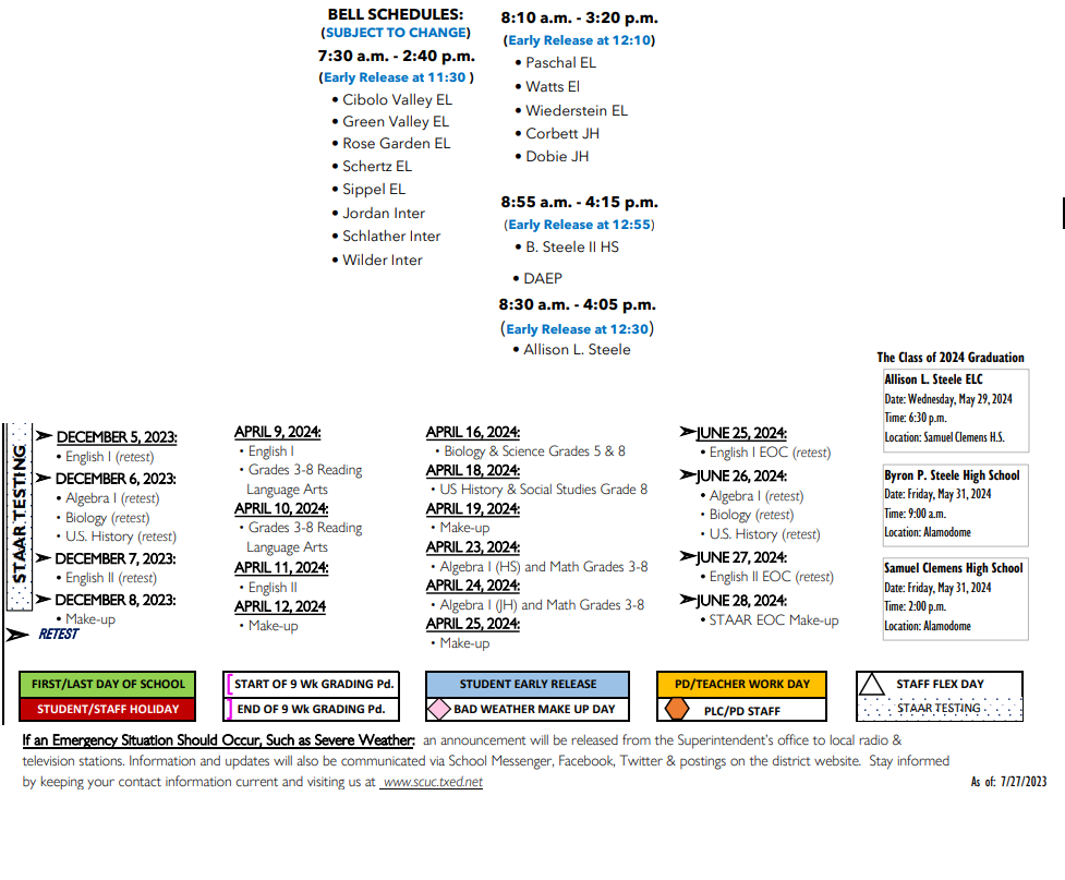 District School Academic Calendar Key for Schertz Elementary School