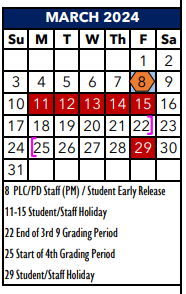 District School Academic Calendar for Jjaep Instructional for March 2024