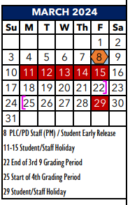 District School Academic Calendar for Cibolo Valley Elementary School
 for March 2024