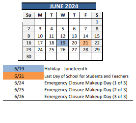 District School Academic Calendar for African American Academy K-8 for June 2024