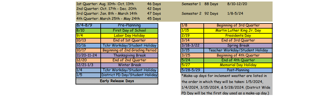 District School Academic Calendar Key for Contracted Services