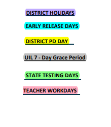 District School Academic Calendar Legend for B L Gray Junior High