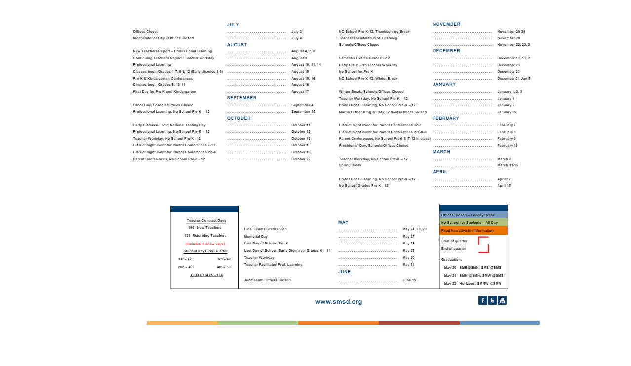 District School Academic Calendar Key for Bonjour Elem