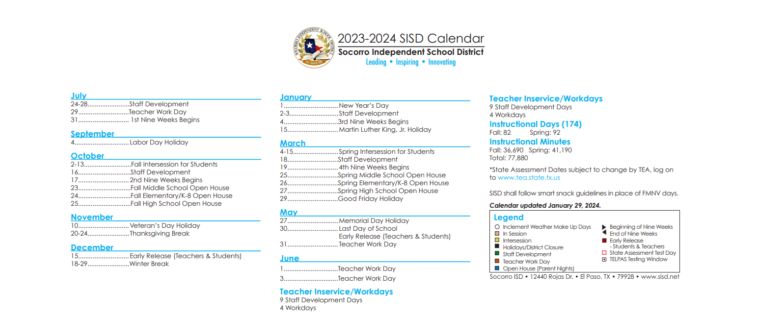 District School Academic Calendar Key for Escontrias Early Child Ctr