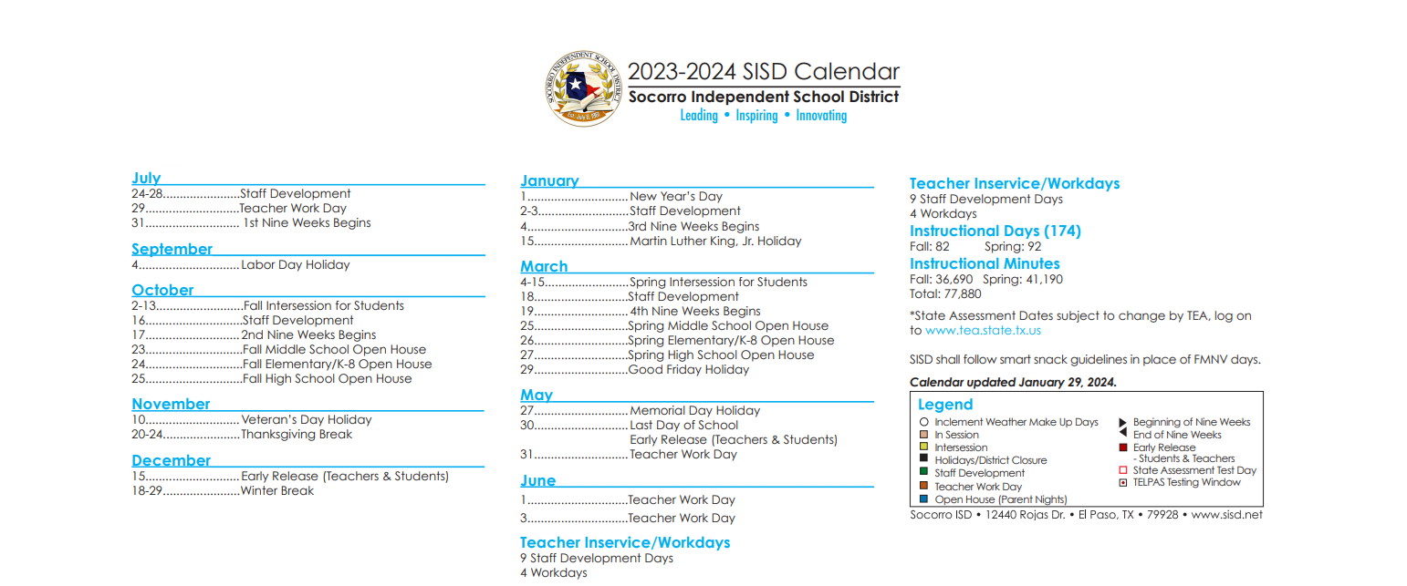 District School Academic Calendar Key for Bill Sybert School