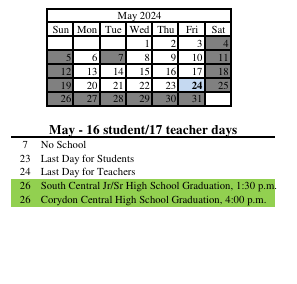 District School Academic Calendar for Corydon Intermediate School for May 2024