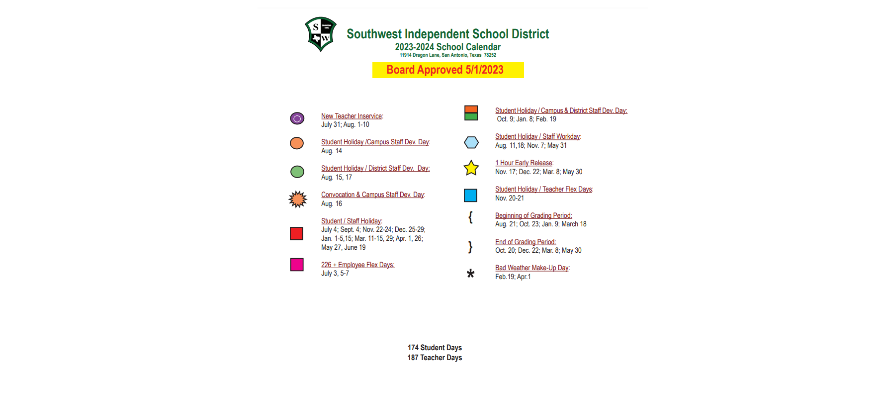 District School Academic Calendar Key for Sun Valley Elementary