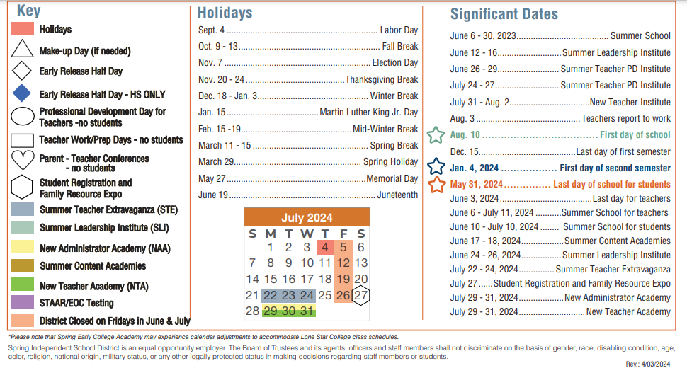 District School Academic Calendar Key for Spring High School