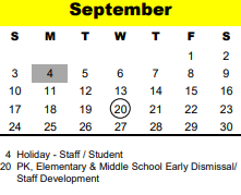 District School Academic Calendar for Pre-k Elementary for September 2023