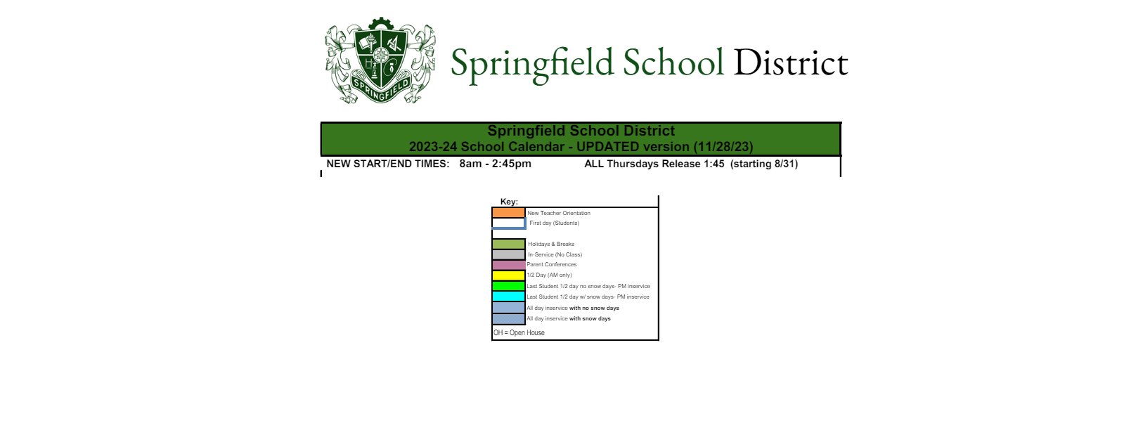 District School Academic Calendar Key for Springfield High School