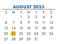 District School Academic Calendar for Peabody ELEM. for August 2023