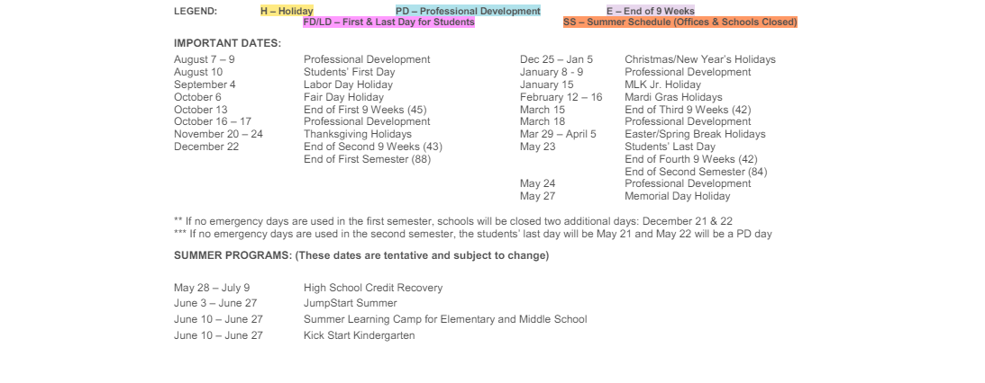 District School Academic Calendar Key for Southeastern La University Lab School
