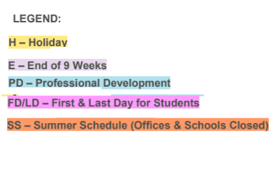 District School Academic Calendar Legend for Southeastern La University Lab School