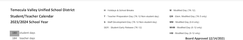 District School Academic Calendar for Temecula Elementary