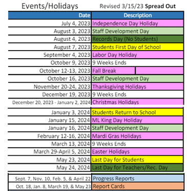 District School Academic Calendar Legend for Elysian Fields Middle School