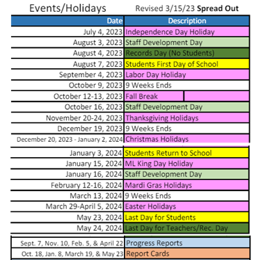 District School Academic Calendar Legend for Southdown Elementary School