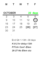 District School Academic Calendar for Grove Patterson Academy Elementary School for October 2023