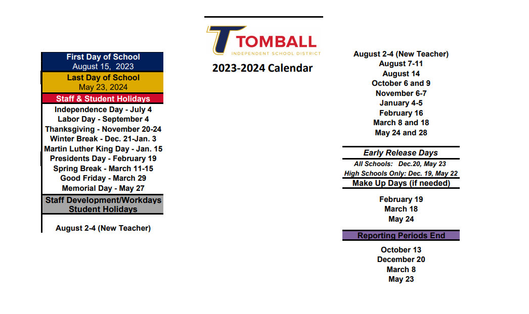 District School Academic Calendar Key for Tomball Elementary