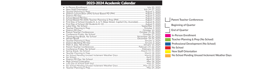 District School Academic Calendar Key for Sheldon Child Development