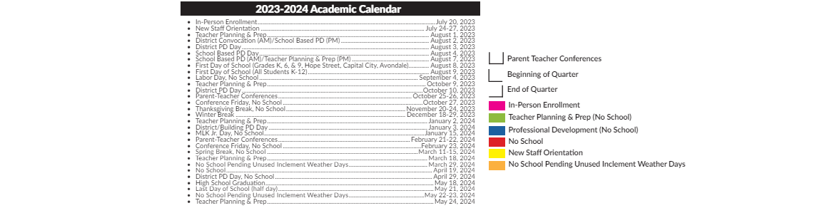 District School Academic Calendar Key for Hope Street Academy Charter Middle