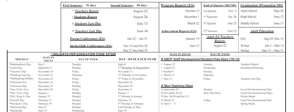 District School Academic Calendar Key for Seaside Elementary