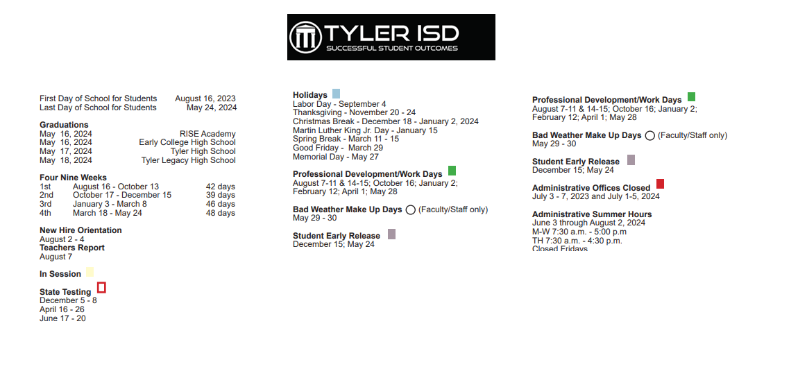 District School Academic Calendar Key for Jack Elementary