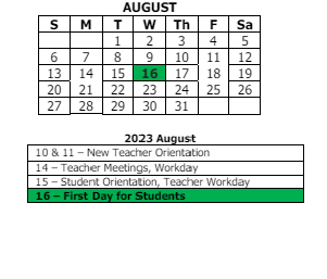 District School Academic Calendar for Hayes Leonard Elementary Sch for August 2023