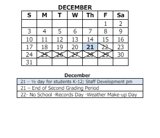 District School Academic Calendar for Hayes Leonard Elementary Sch for December 2023