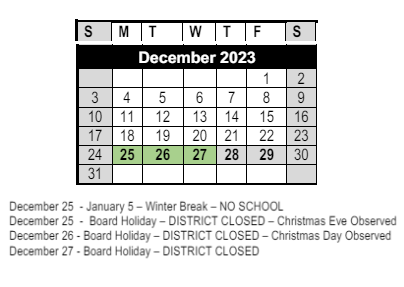 District School Academic Calendar for Ventura Unified Community Day High for December 2023