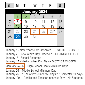 District School Academic Calendar for Ventura High for January 2024