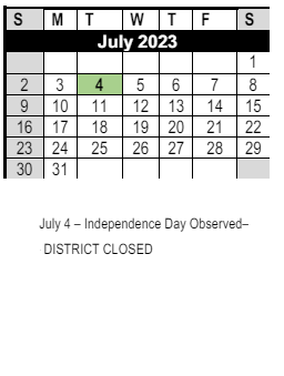 District School Academic Calendar for Pierpont Elementary for July 2023