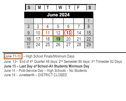 District School Academic Calendar for Portola Elementary for June 2024