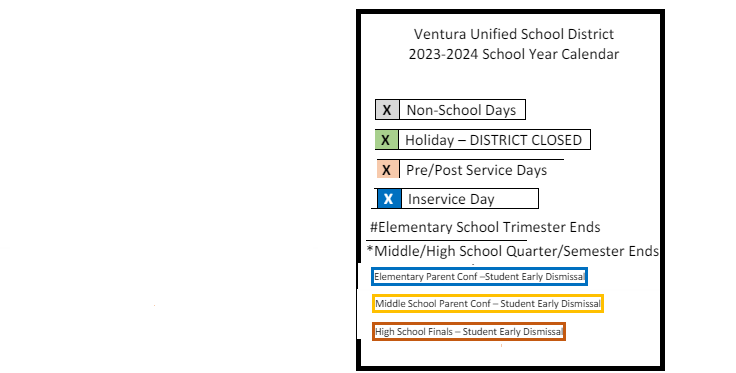 District School Academic Calendar Legend for Saticoy Elementary