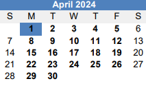 District School Academic Calendar for Martin De Leon Elementary for April 2024