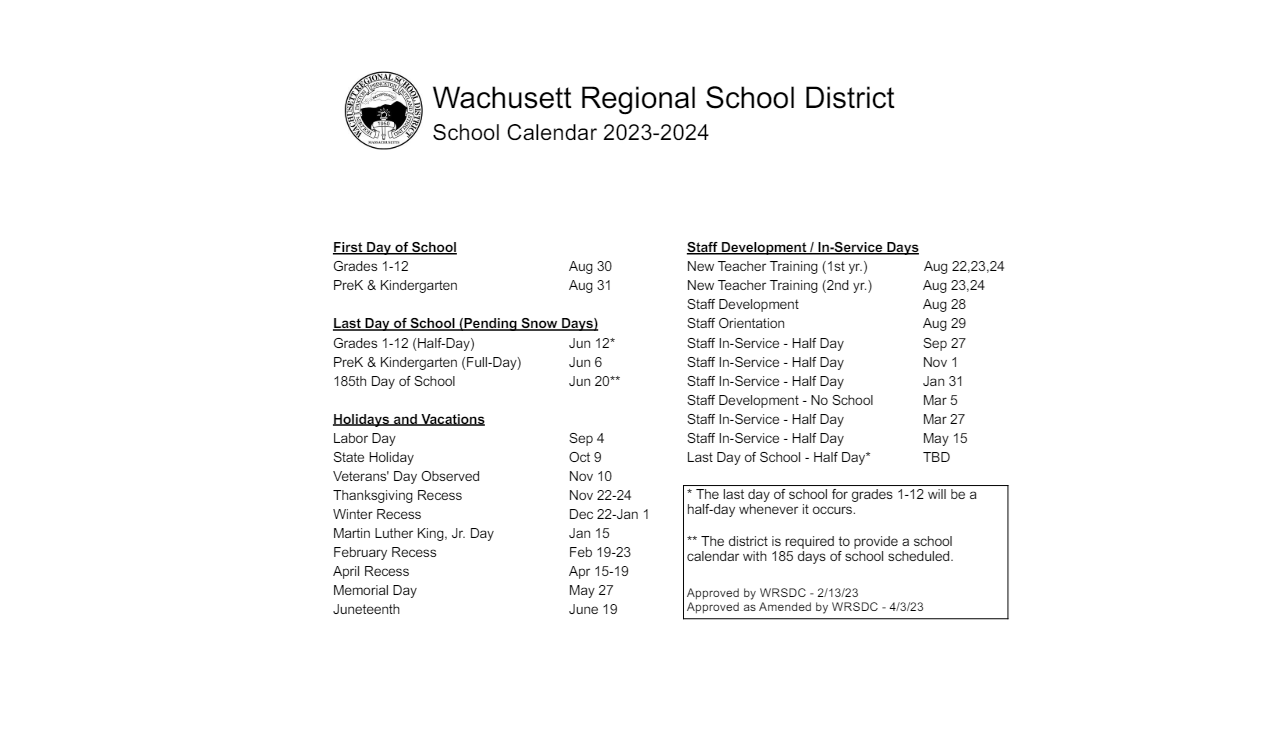 District School Academic Calendar Key for Paxton Center
